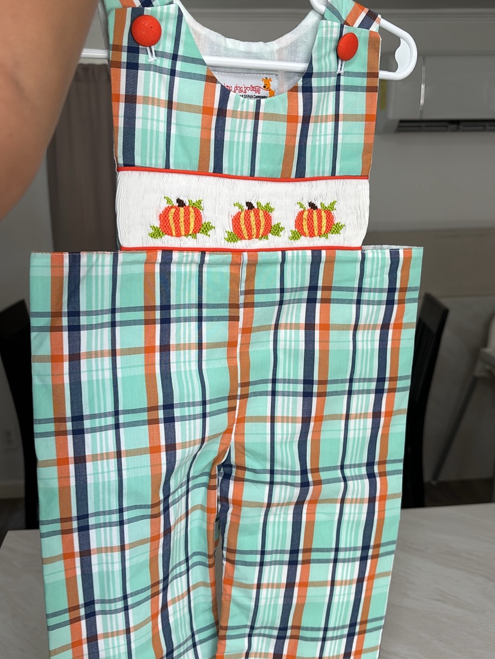 Smocked Pumpkin Plaid TODDLER Overalls - Mint & Orange